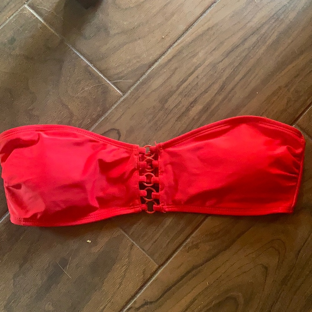 Strapless red bikini top.